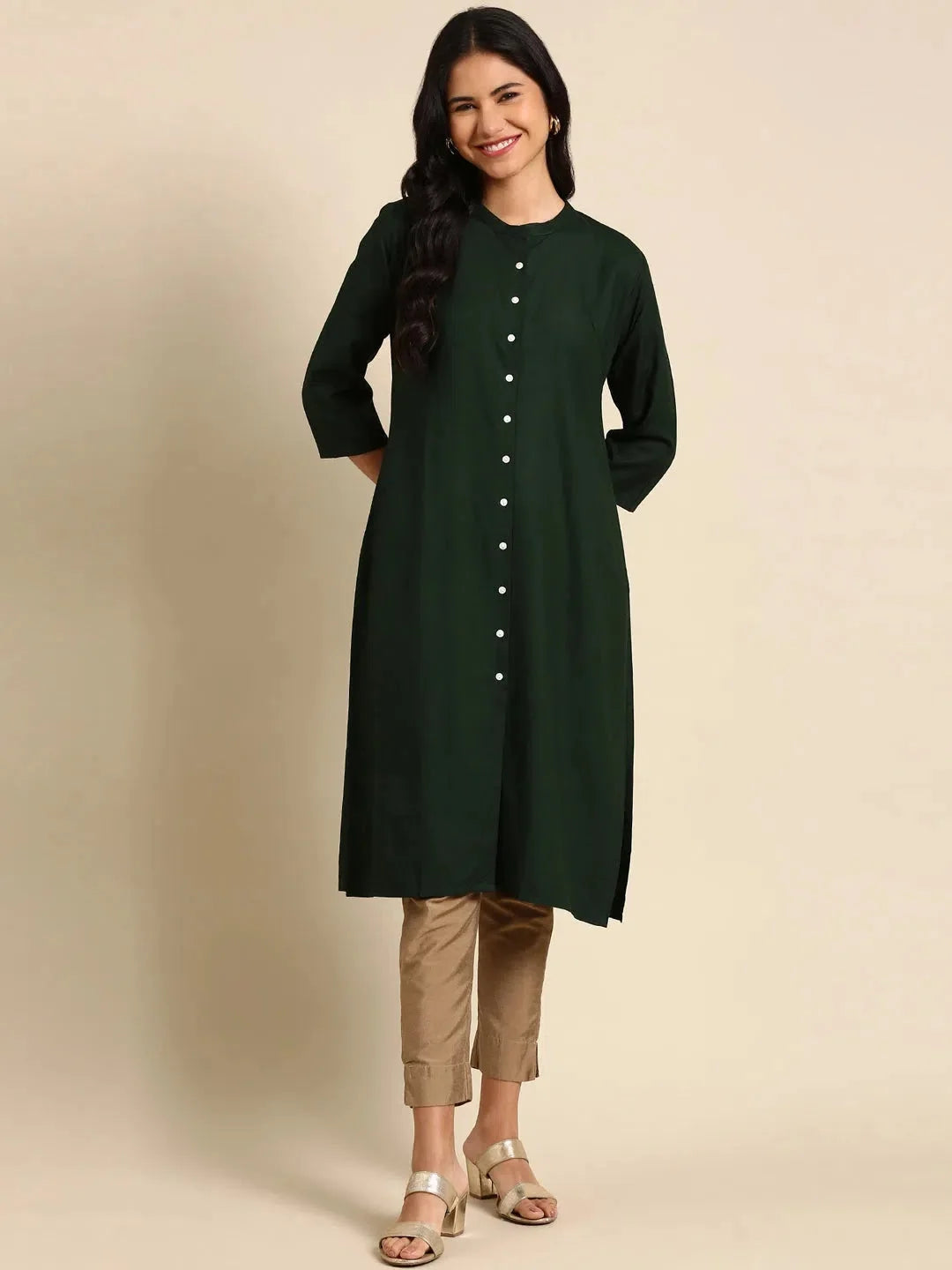 Olive Solid Indian Kurta - Viscose Straight Kurti for Ladies