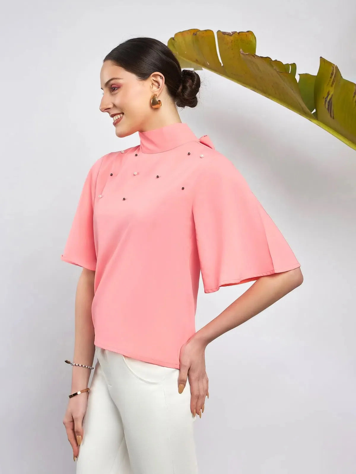 Women's Pearl Studded Top - Peach Blouse, Stylish Women's Tops