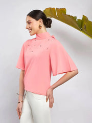 Women Peach Pearl Studded Top