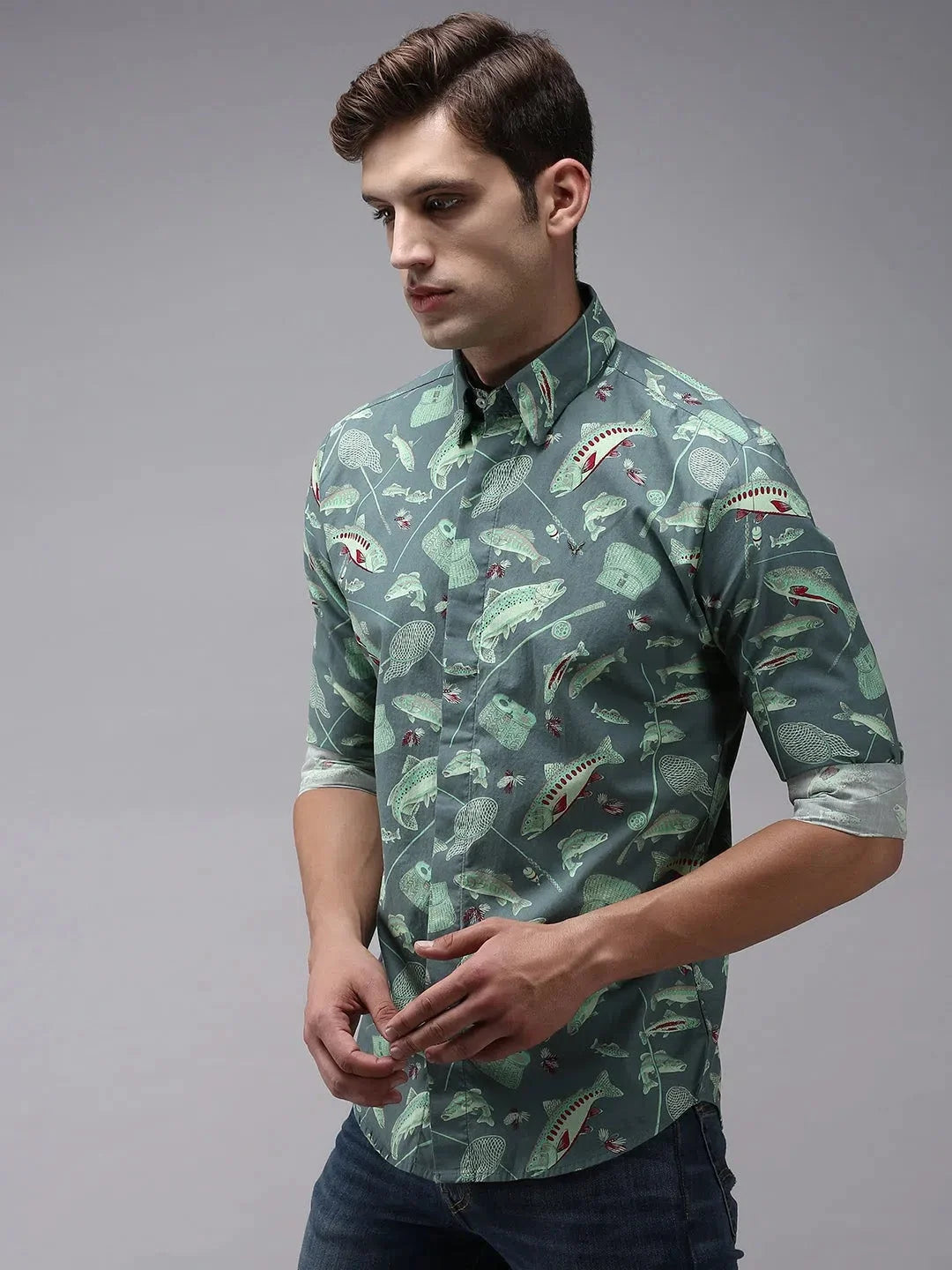 Green Printed Cotton Mens Shirt - Casual Style | DesiQlo