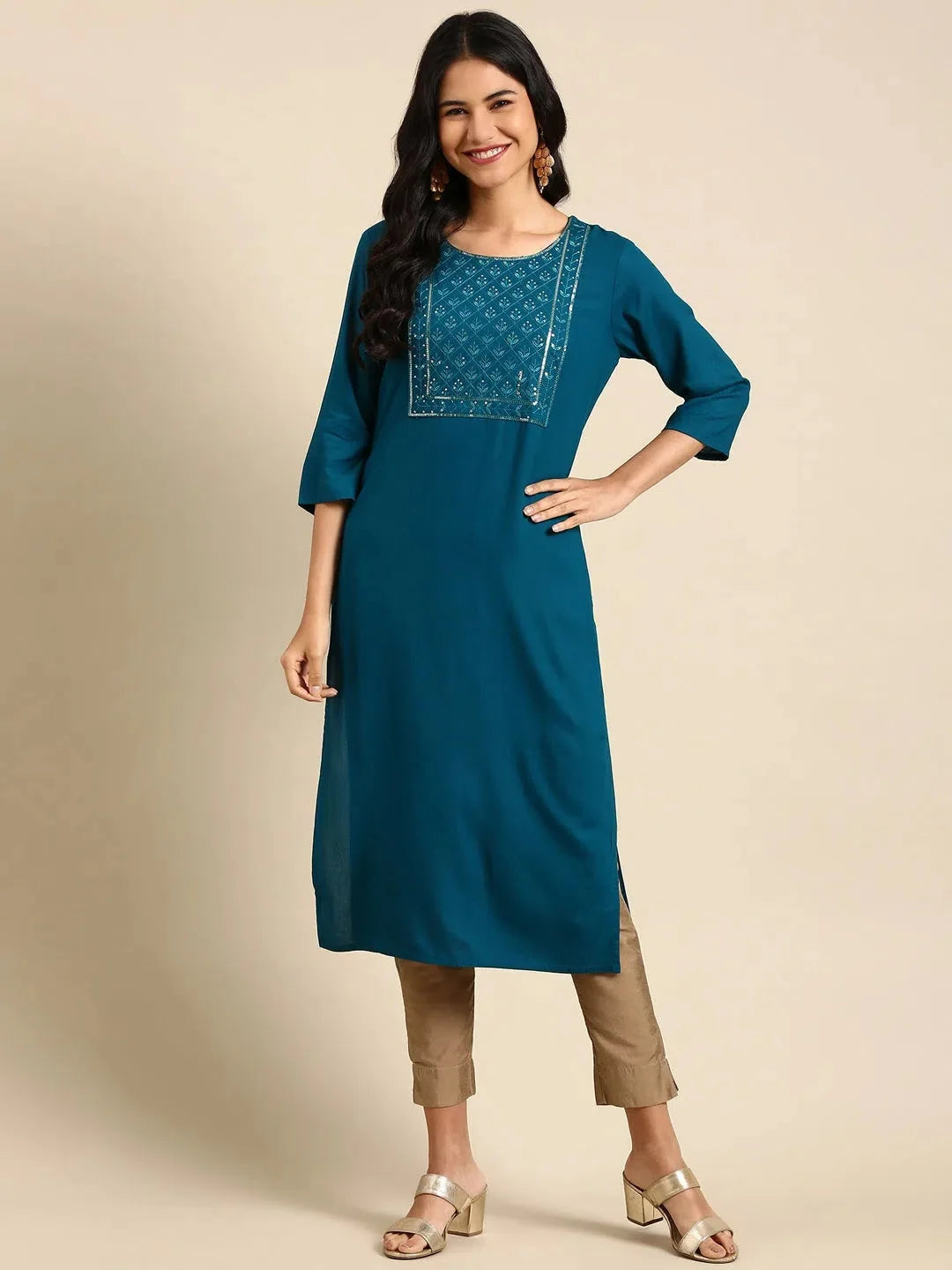 Viscose Teal Kurta | Women's Solid Indian Kurta for Women