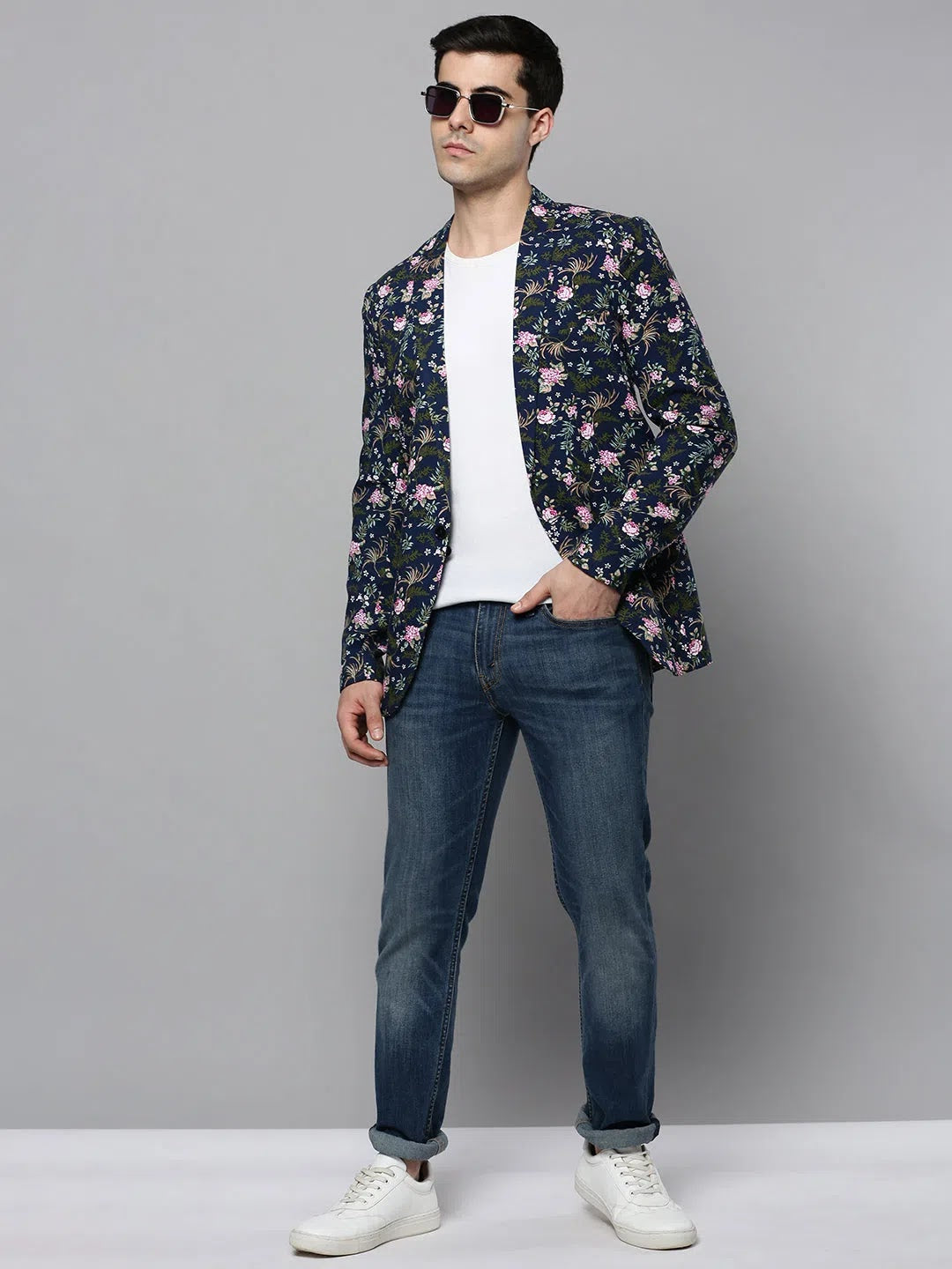 Men's Navy Printed Cotton Blazer | Ethnic Nehru Jacket Style