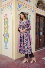 Women Rani Muslin Embroidered Kurta Pant & Dupatta Set