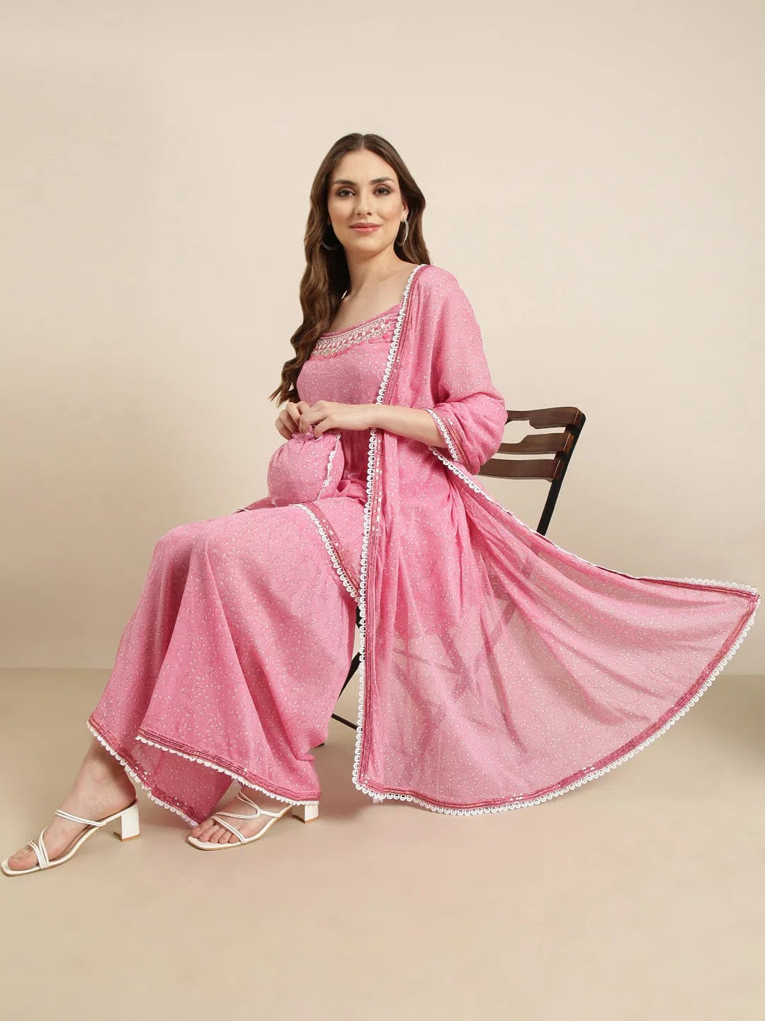 Women Anarkali Pink Floral Kurta and Sharara Set Comes With Dupatta and Potli Bag-GW-4064-Pink