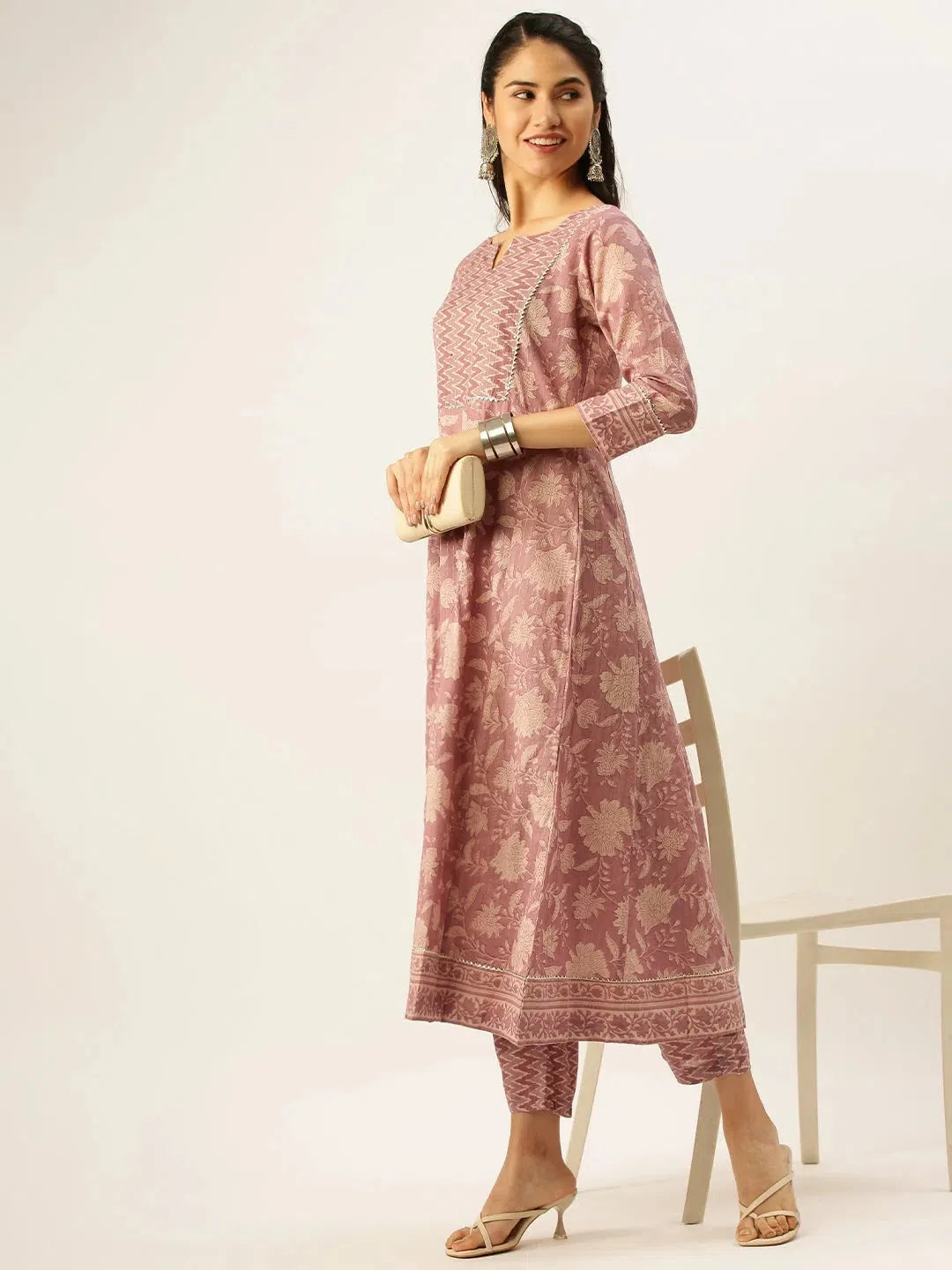 Women's Mauve Floral Printed Cotton Kurta Sets | Showoff