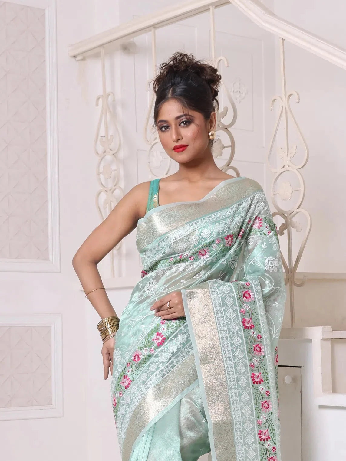 Mint Green Embroidered Cotton Saree | Indian Sarees