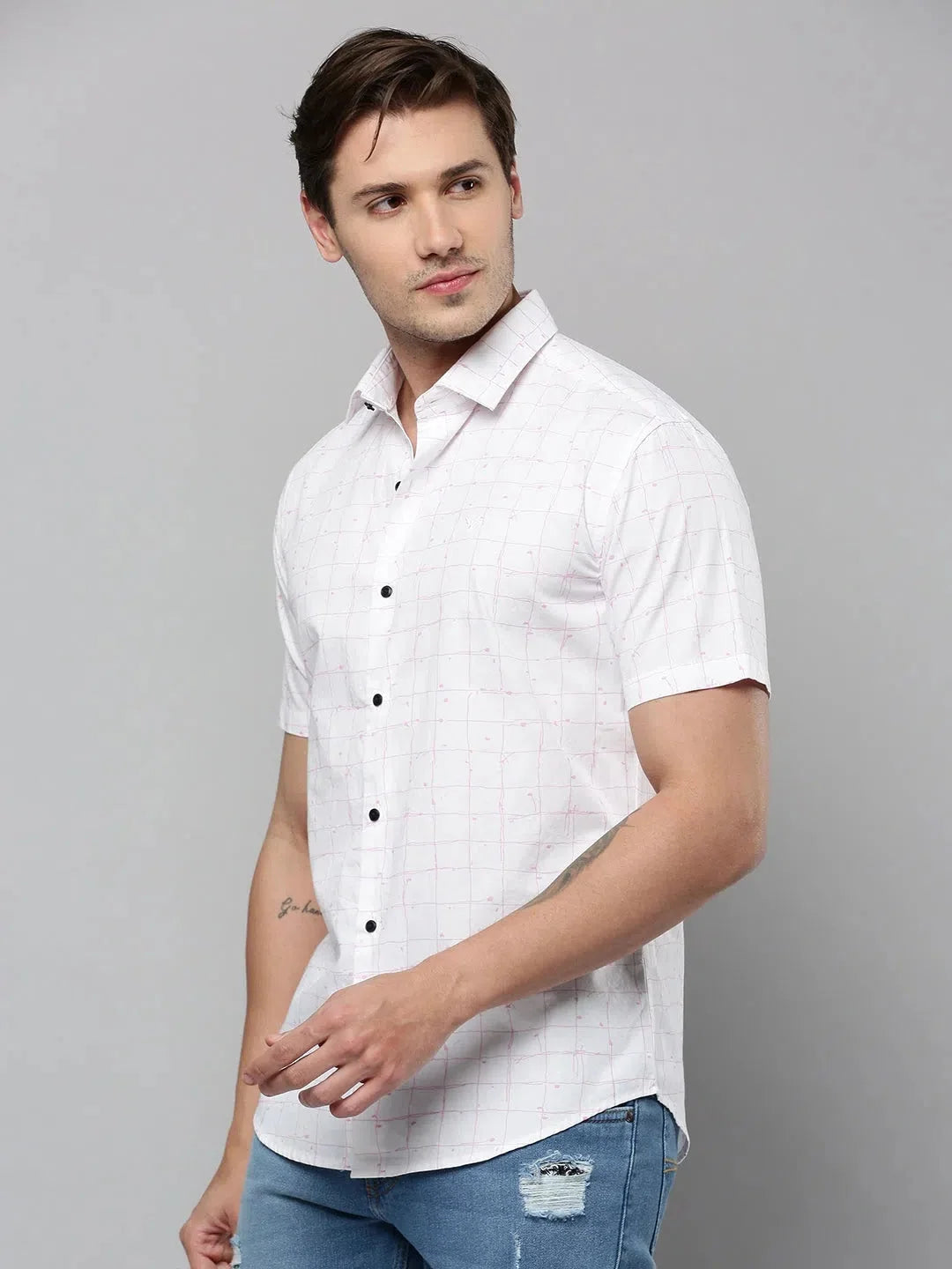 White Checked Cotton Mens Shirt | Casual Fashion DesiQlo