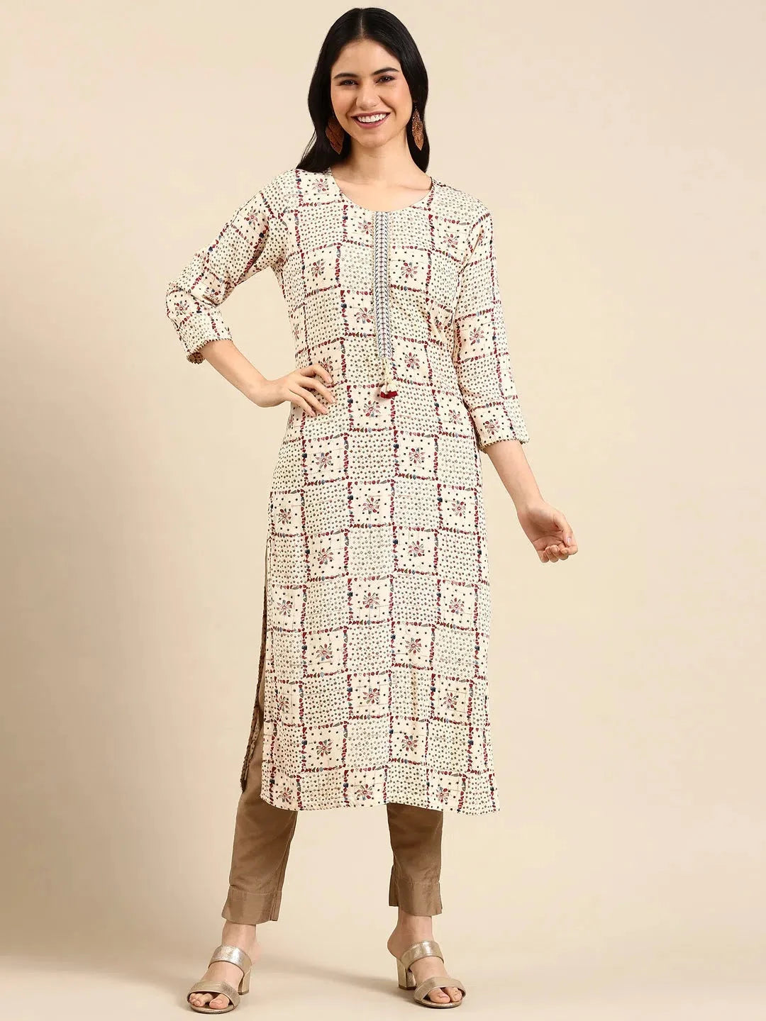 Beige Printed Cotton Straight Indian Kurta for Women - DesiQlo