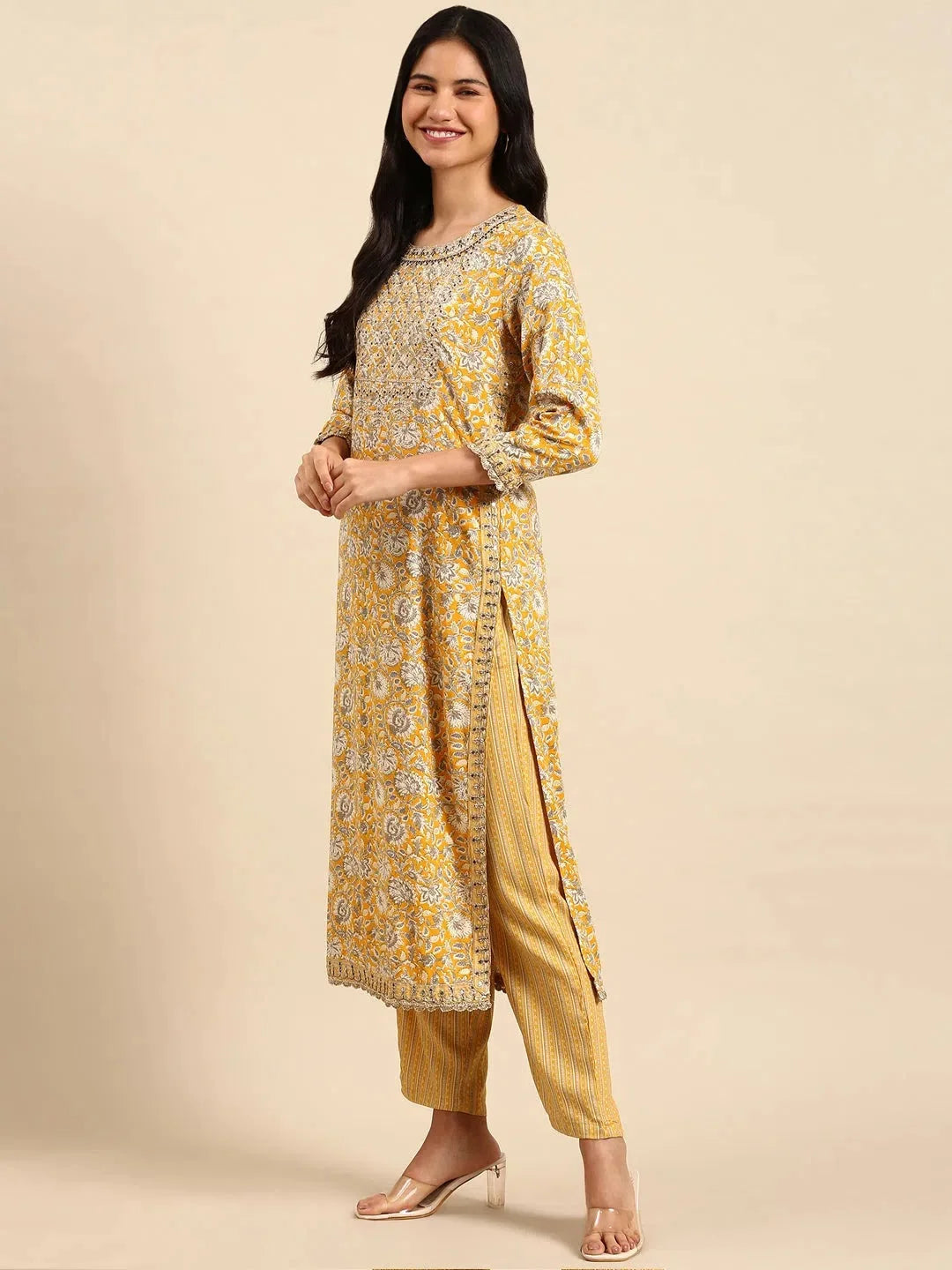 Yellow Printed Cotton Kurta Sets for Women | Indian Kurta Sets