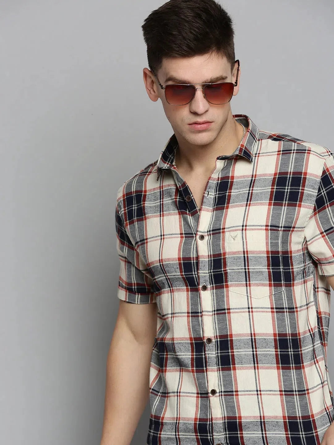 Men's Beige Checked Cotton Shirt | Casual Shirts | DesiQlo