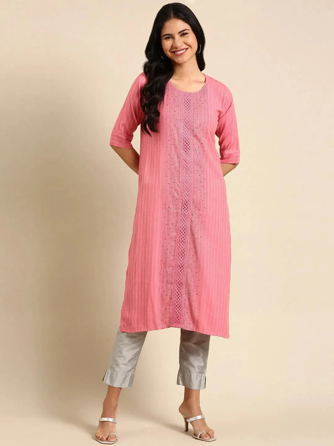Pink Embellished Indian Kurta for Ladies - DesiQlo Cotton Kurti
