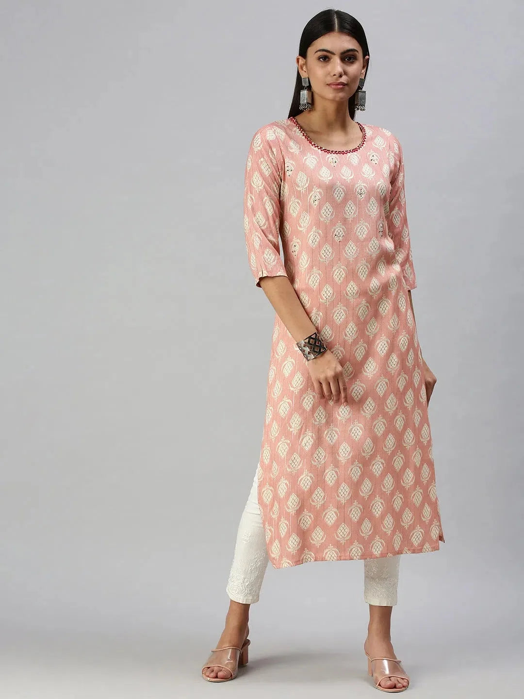 Peach Printed Linen Kurta | Elegant Indian Kurta for Women