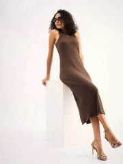 Women Brown Rib Sleveeless Bodycon Midi Dress