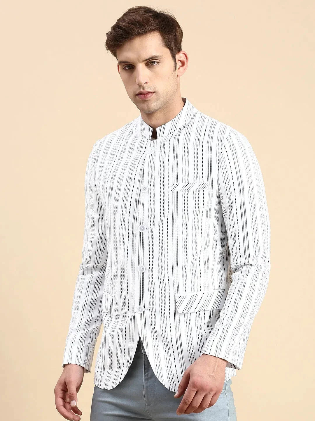 White Striped Blazer | Nehru Collar Style | Men's Ethnic Wear