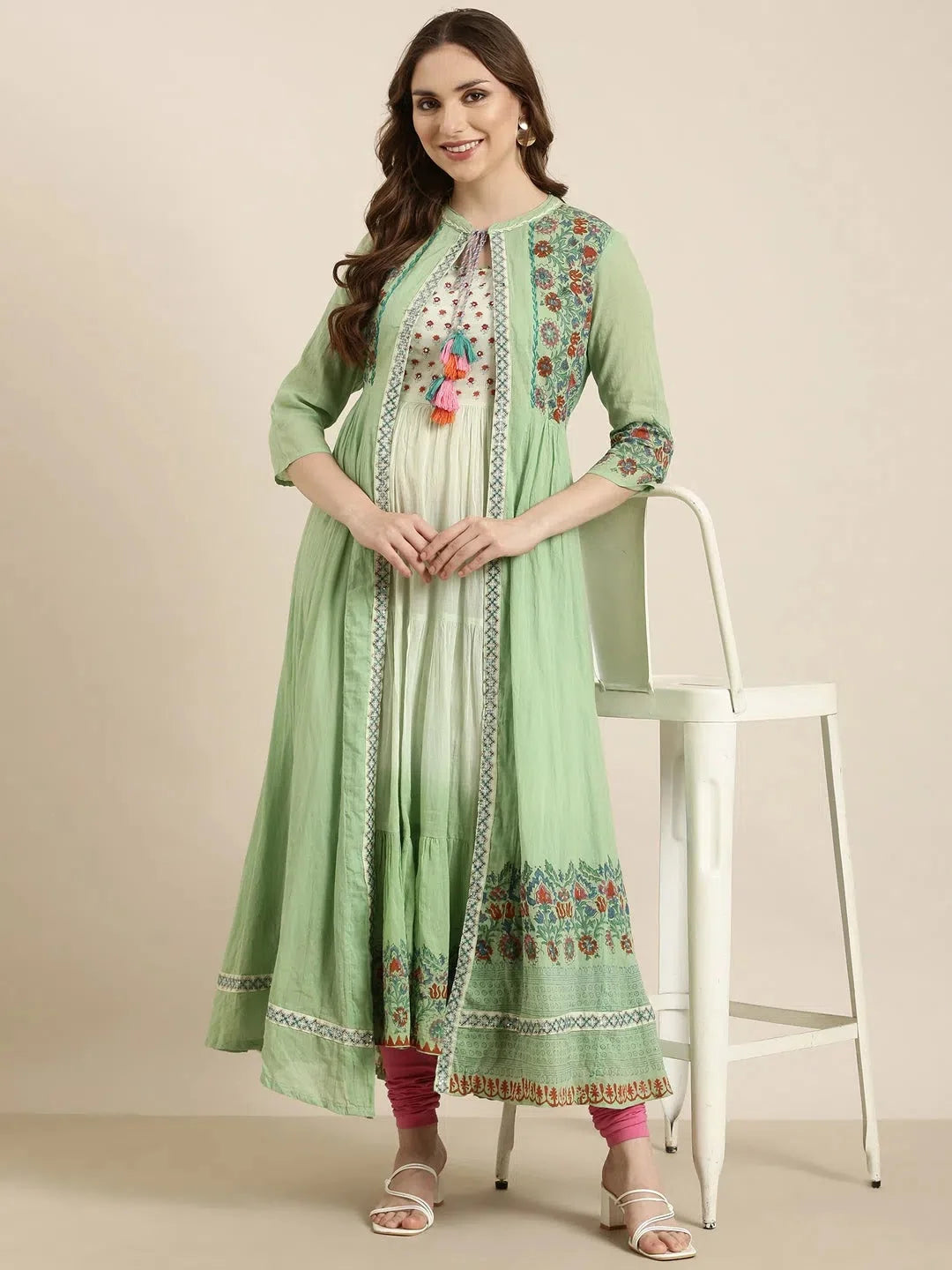 Green Floral Anarkali Kurta with Overcoat - Anarkali Suits
