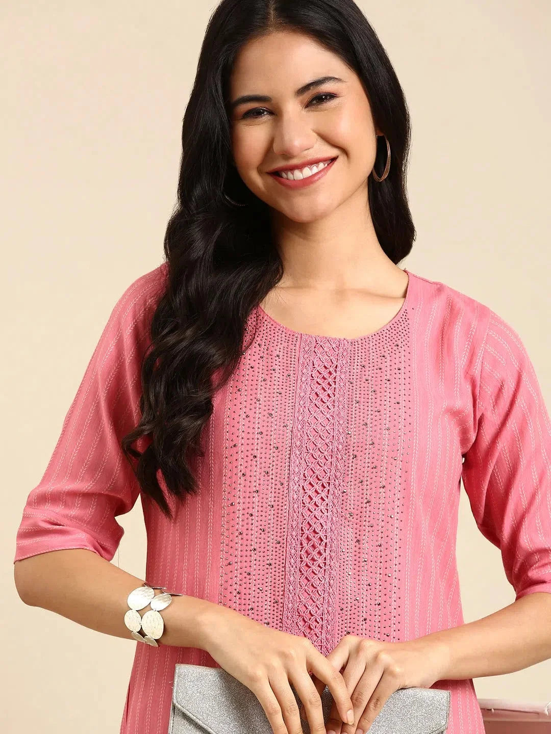 Pink Embellished Indian Kurta for Ladies - DesiQlo Cotton Kurti