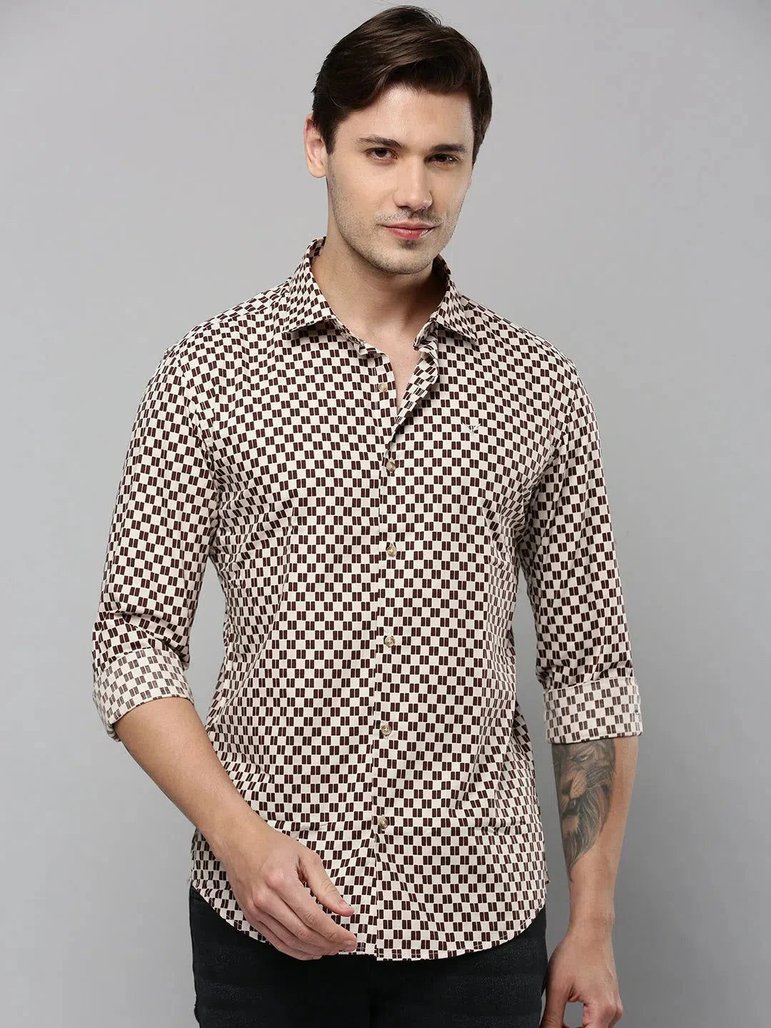 Beige Printed Mens Shirt - Casual Cotton Shirt | DesiQlo