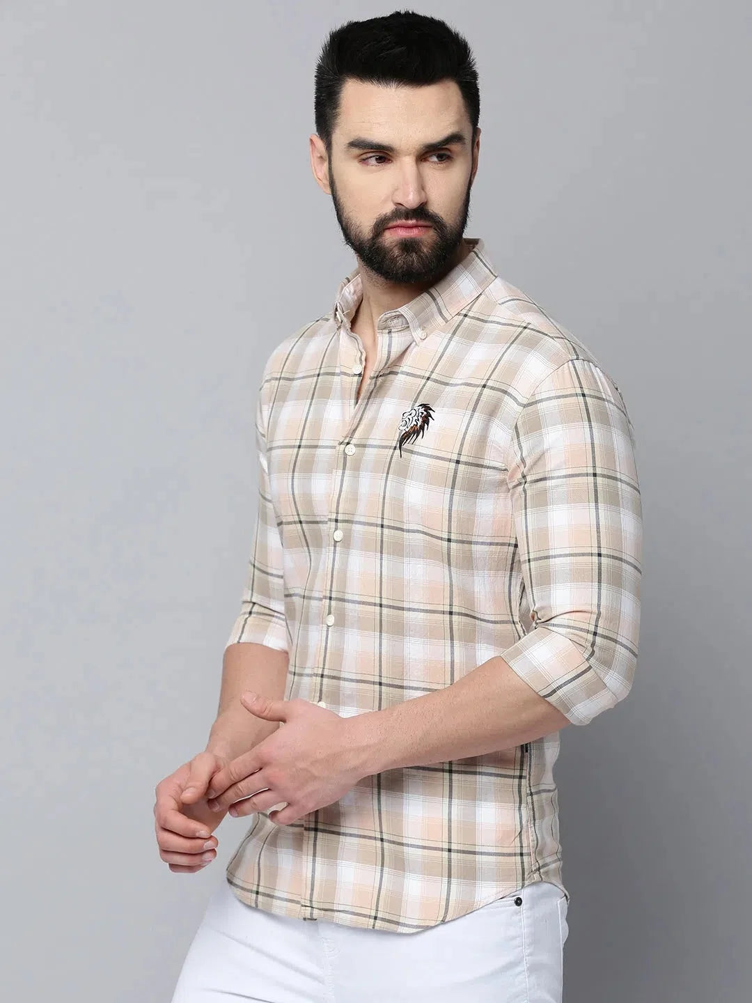 Beige Checked Mens Shirt | Cotton Casual Shirt from DesiQlo