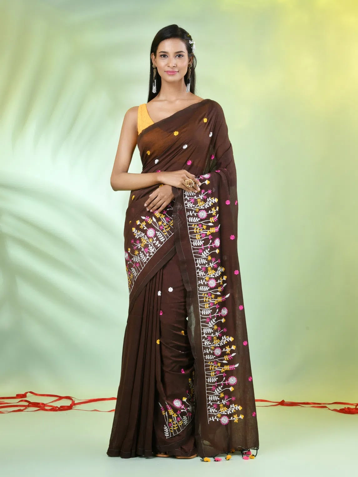 Brown Floral Embroidered Cotton Saree | Indian Sari