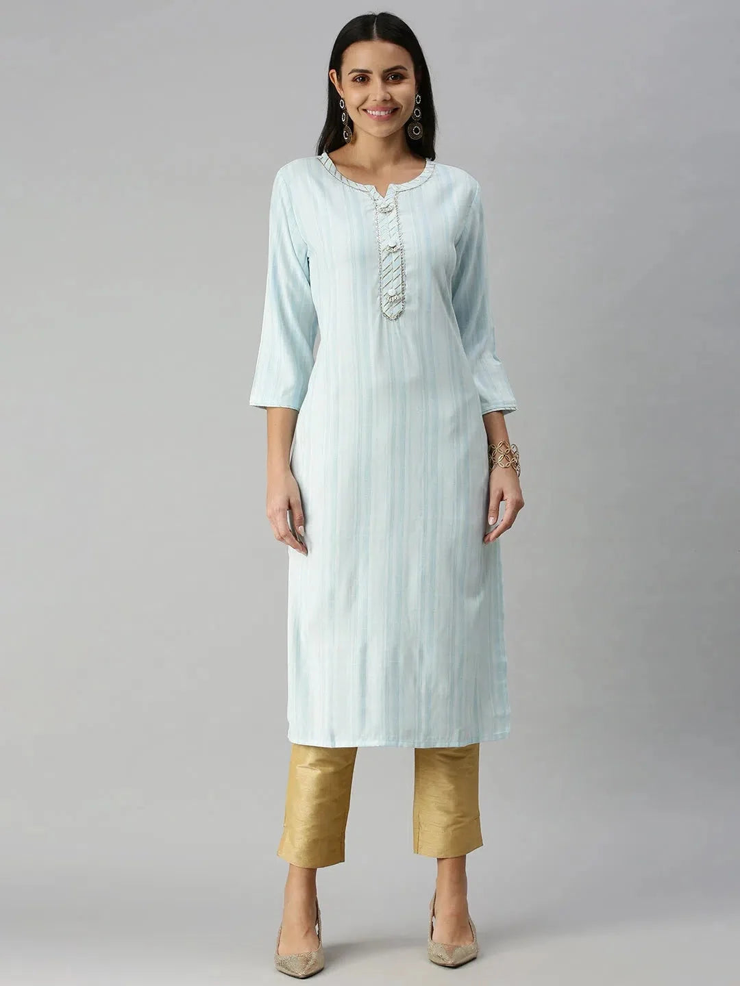 Blue Striped Cotton Kurta for Ladies | Indian Kurtis | DesiQlo