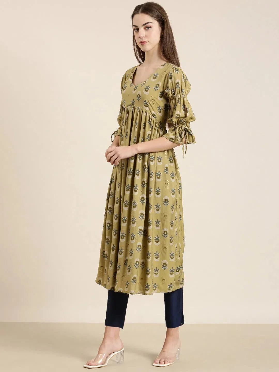 Beige Floral Cotton Kurta: Stylish Indian Kurta for Women