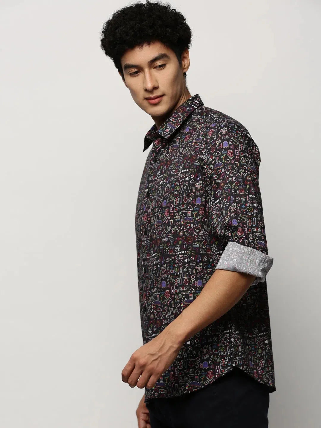 Men's Black Graphic Print Cotton Shirt | DesiQlo