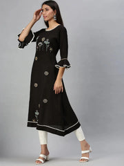 Women's Black Floral A-Line Kurta-DW9283-Black