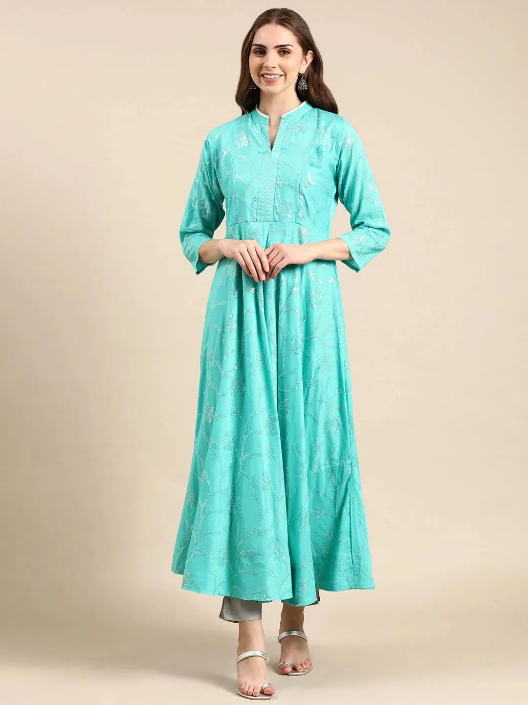 Sea Green Embellished Cotton Anarkali Kurti | DesiQlo