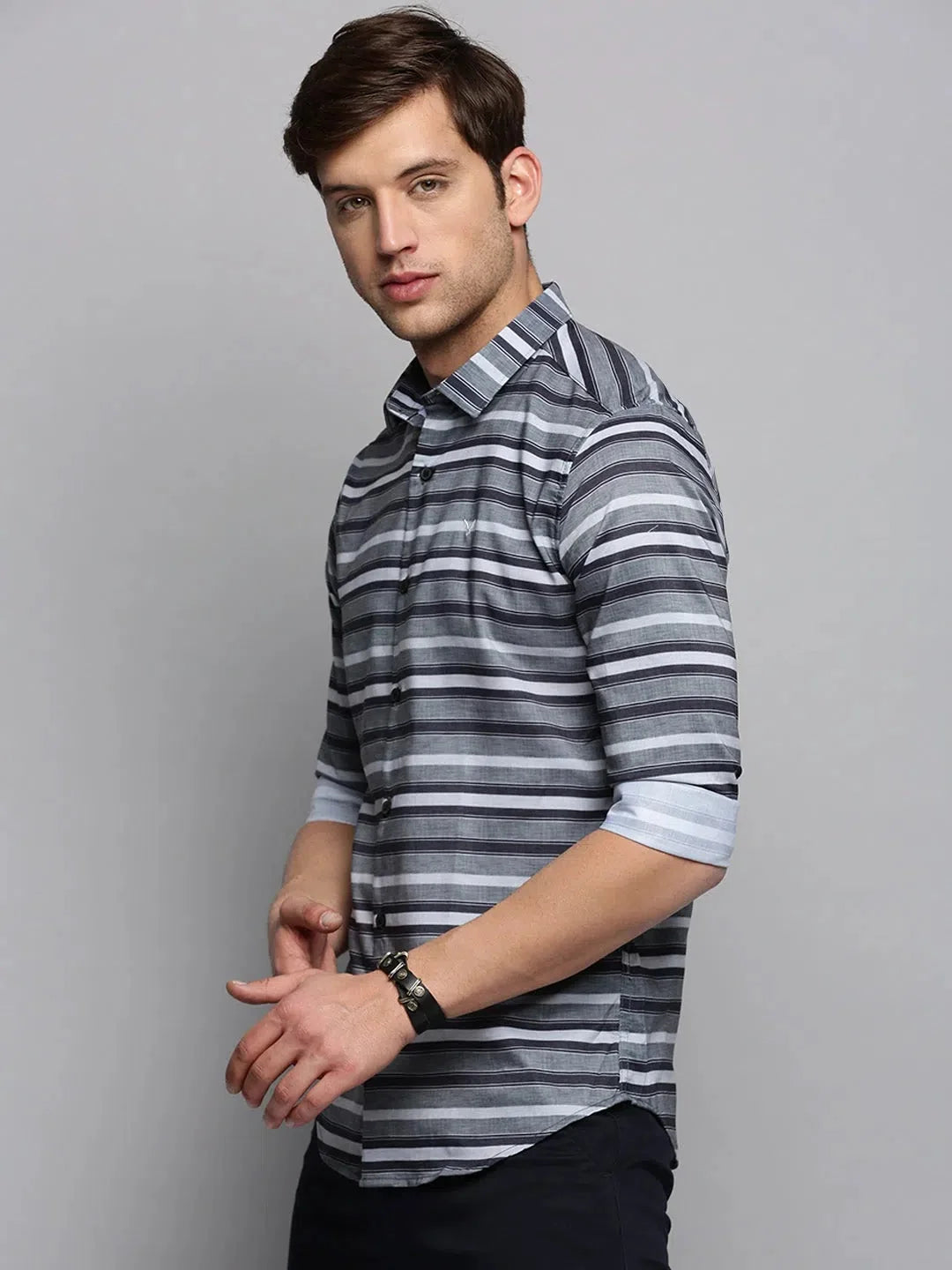 Grey Striped Mens Shirt - Casual Cotton Shirt by DesiQlo