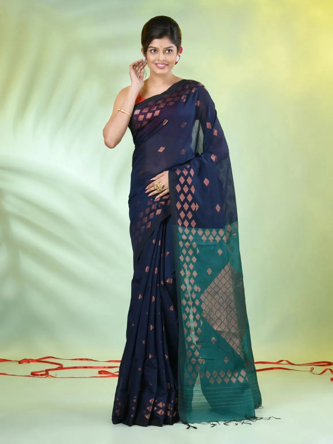 Navy Blue Cotton Indian Sari: Geometric Print Saree