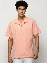 Men Peach Striped Shirt-H-WAI-M197-1605-Peach