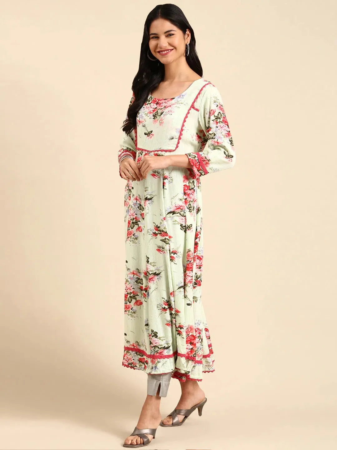 Green Printed Anarkali Kurta for Women | Viscose Anarkali Kurti