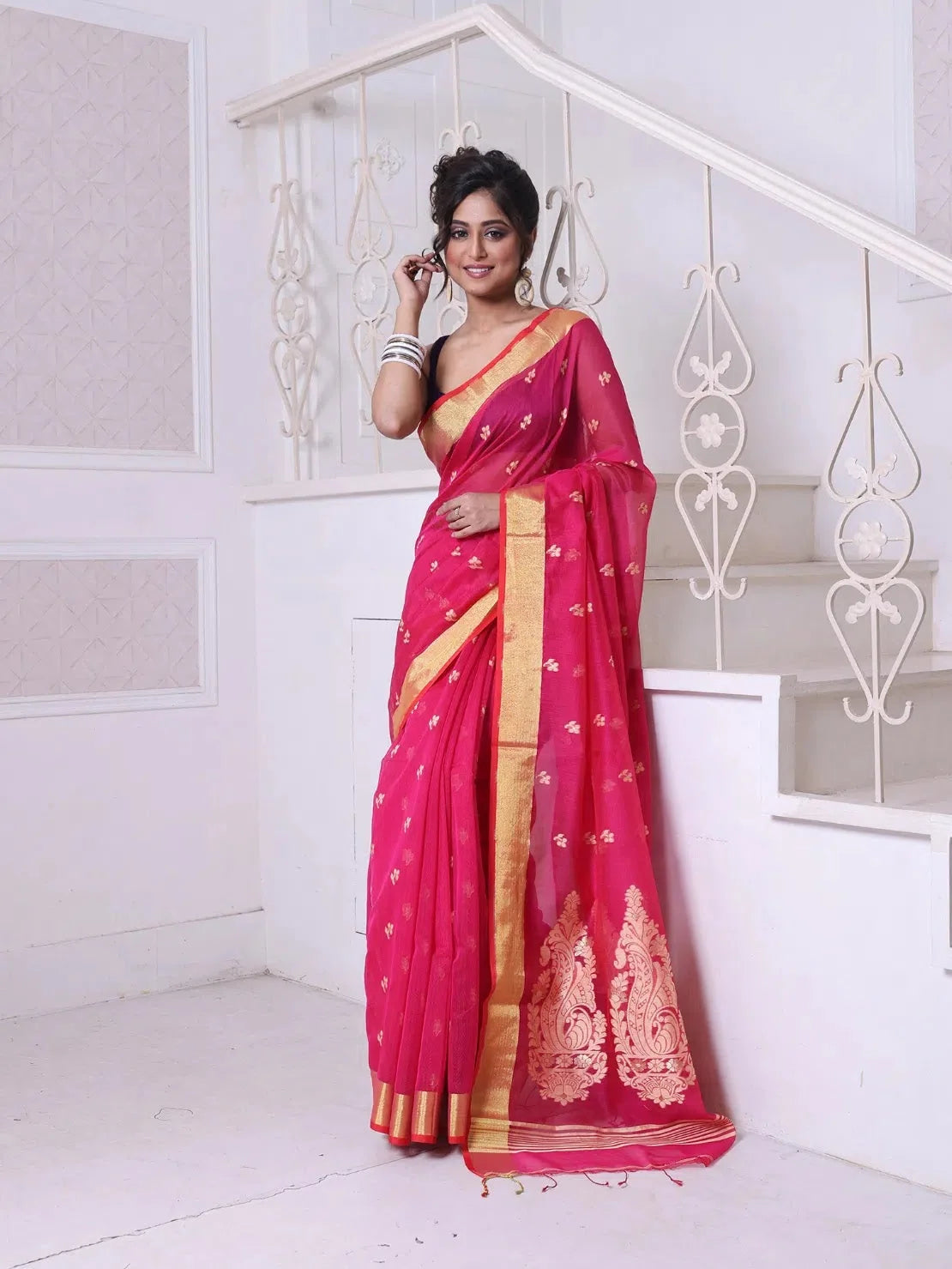 Hot Pink Cotton Indian Sari | Zari Border Traditional Saree