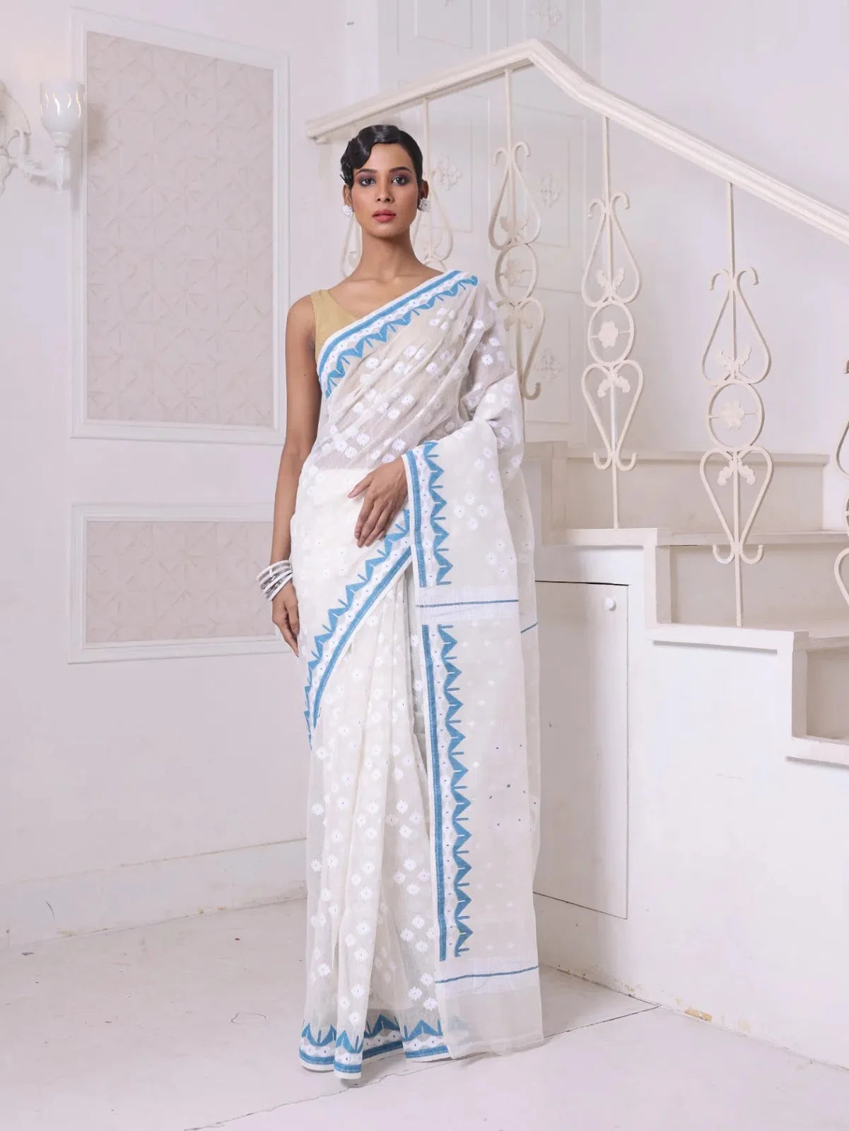 Off White Cotton Jamdani Saree | Designer Sarees India