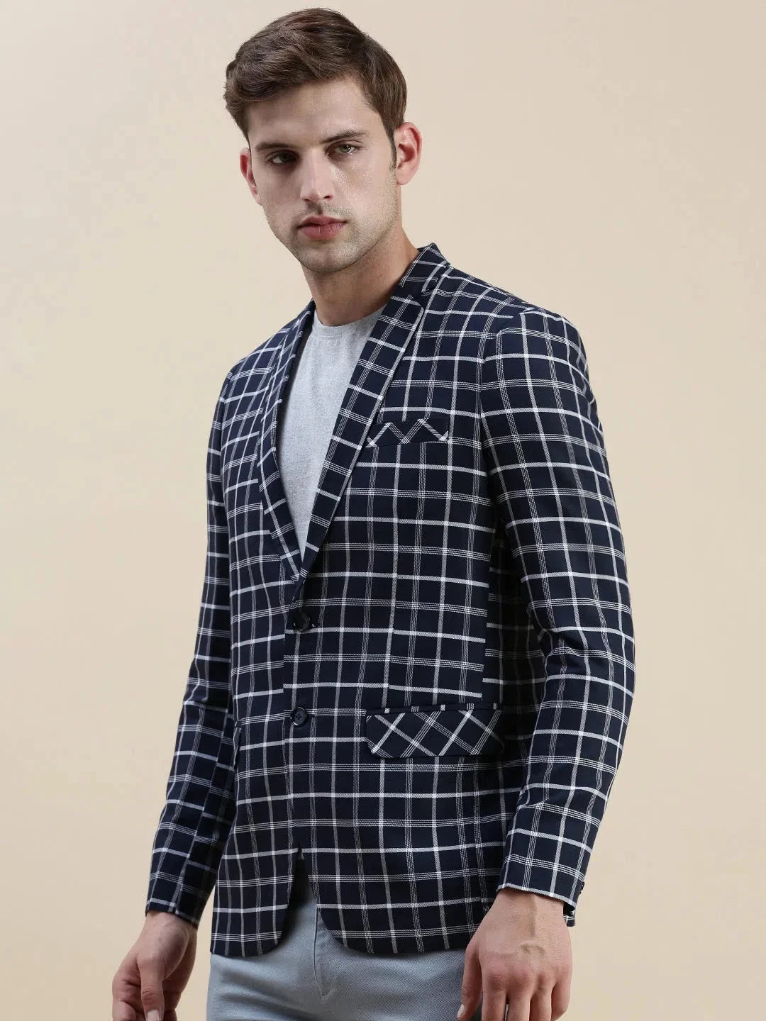 Navy Checked Cotton Blazer - Men's Ethnic Wear from DesiQlo