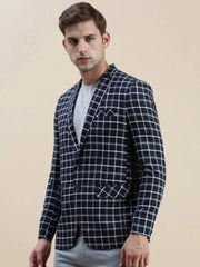 Men Navy Checked Casual Blazer-SOBLZ-022-5-Navyblue