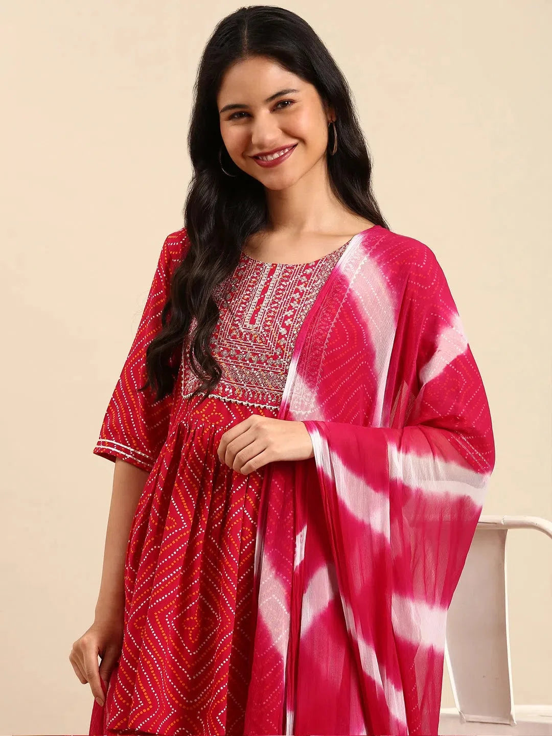 Magenta Bandhini Print Cotton Women's Kurta Sets | Showoff