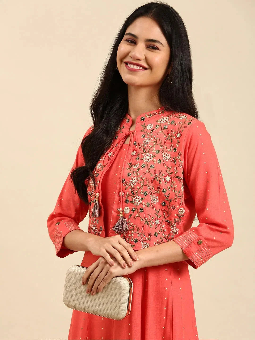 Coral Printed Anarkali Kurta - Women's Cotton Anarkali Gown