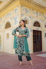 Women Teal Muslin Embroidered Kurta Pant & Dupatta Set
