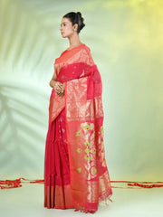 Red Cotton Saree With Zari Borders-MA64BCT401190038