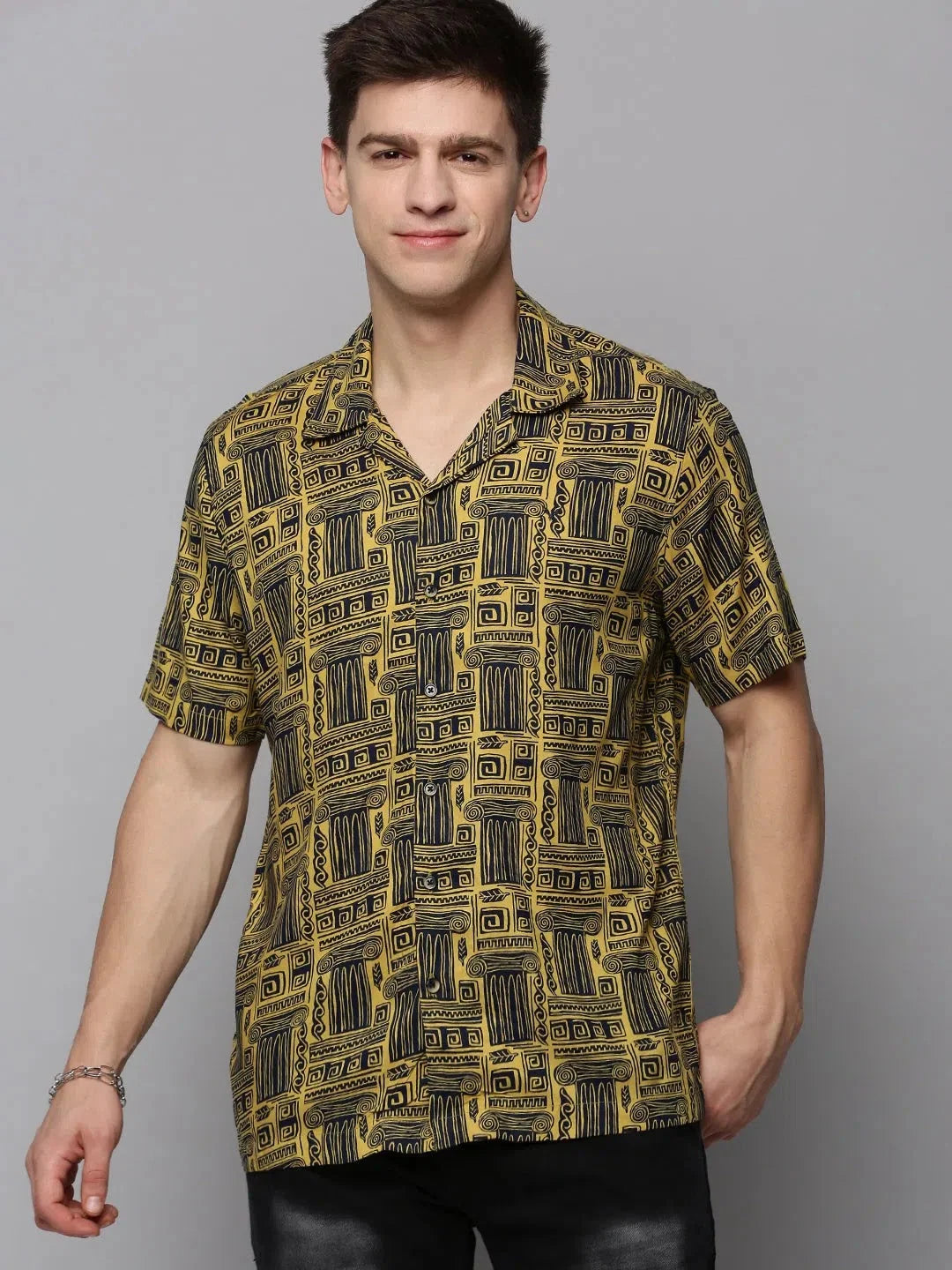Yellow Printed Mens Shirt - Casual Resort Style Cotton Shirt