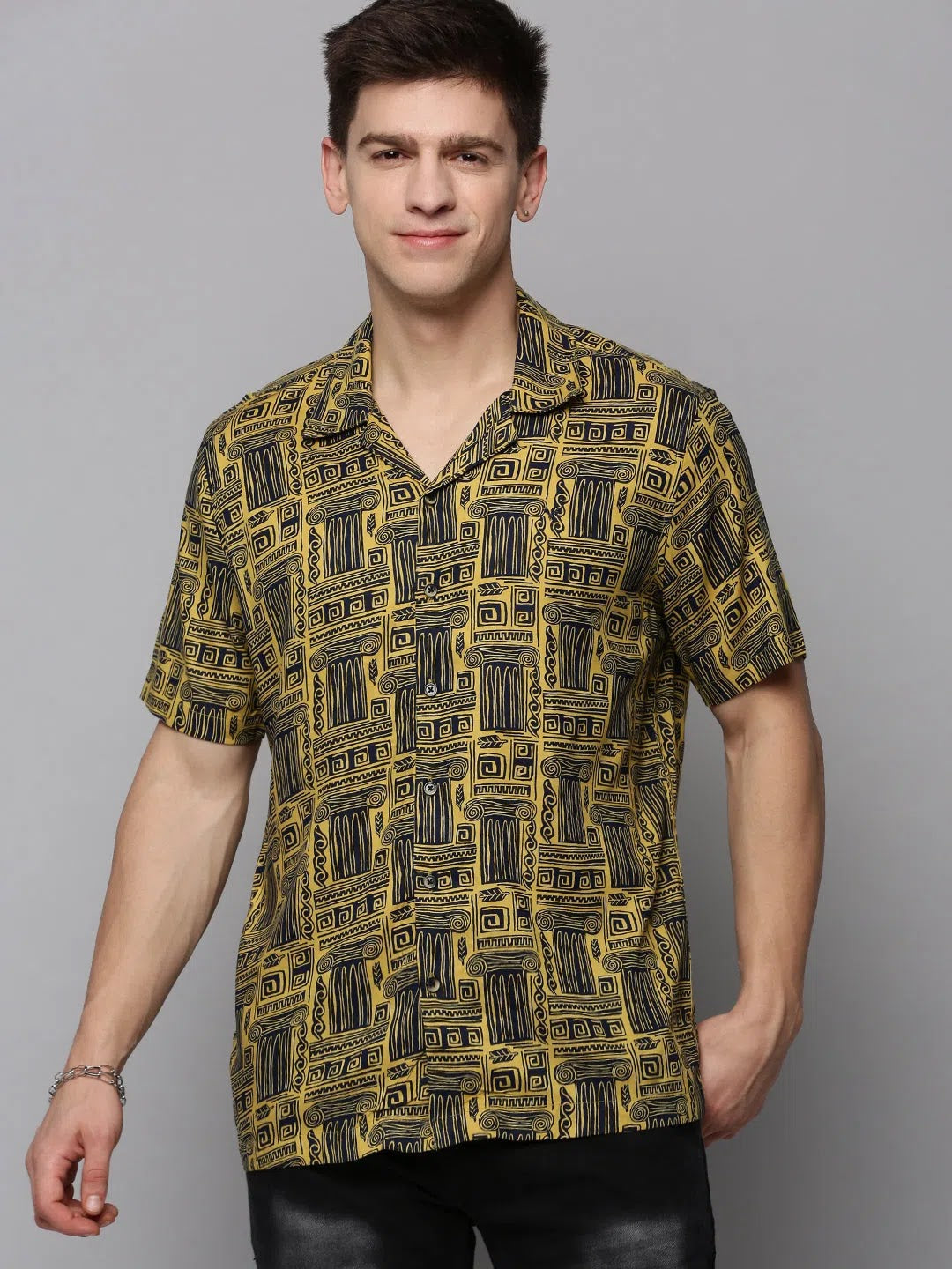 Yellow Printed Mens Shirt - Casual Resort Style Cotton Shirt
