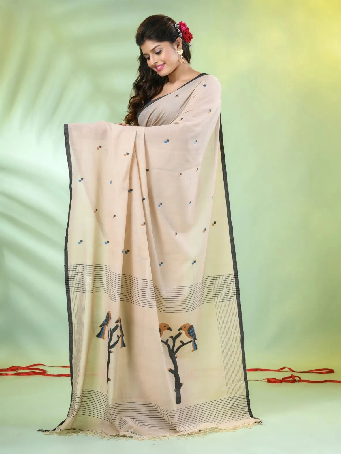 Beige Cotton Saree: Handwoven Bird Motifs | Indian Sarees