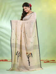 Beige Cotton Handwoven Saree With Zari Borders-MA66CT431820065