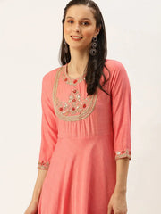 Women's Pink Embellished A-Line Kurtas-FS-1484-Peach