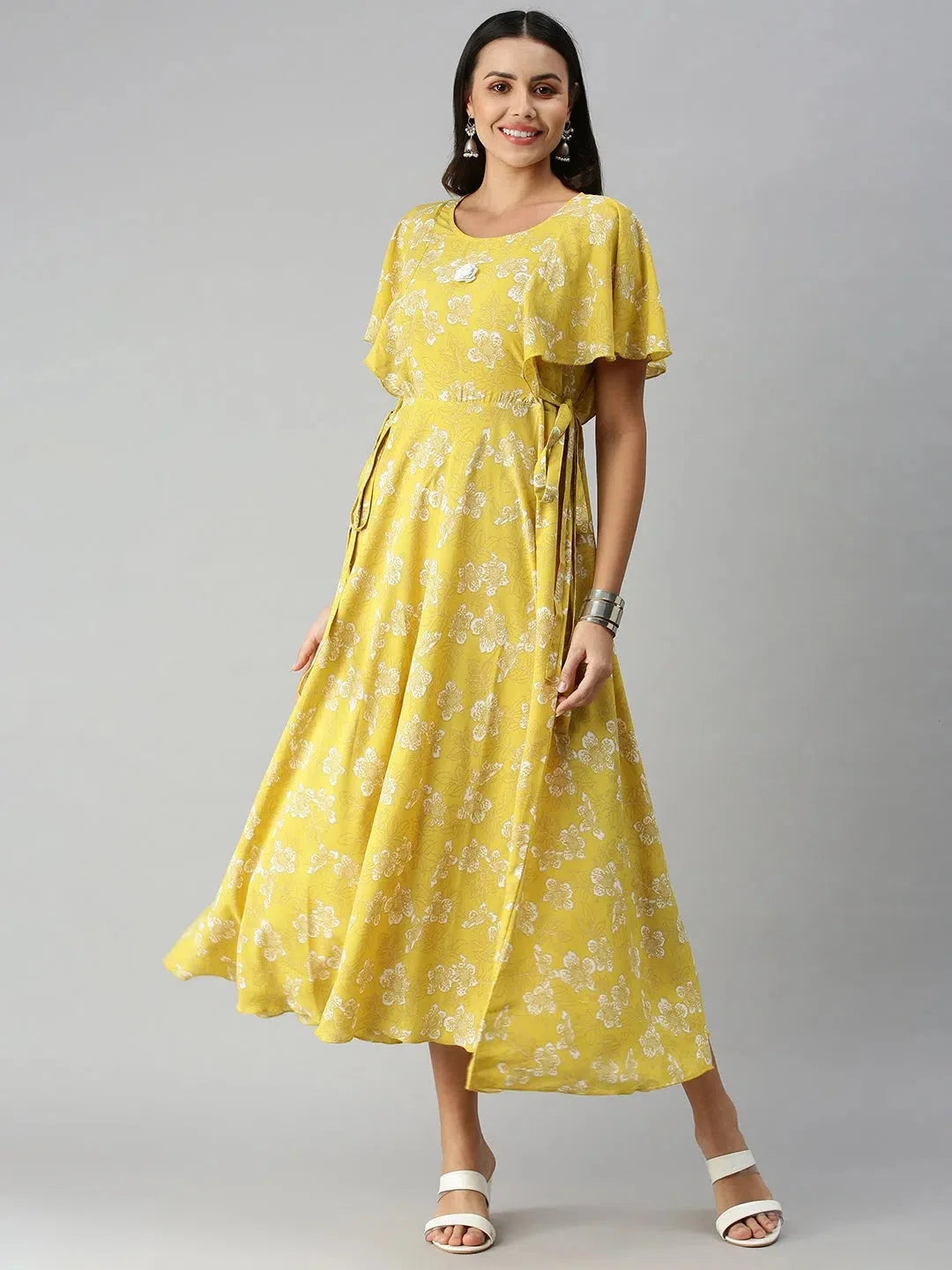 Floral A-Line Kurta: Yellow Nylon Indian Kurta for Women