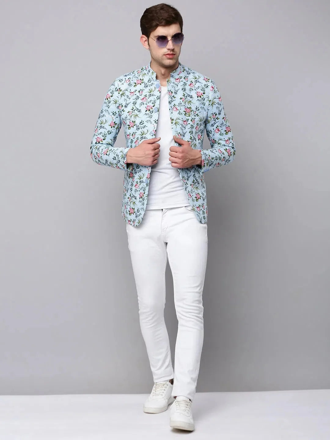 Men's Blue Printed Blazer | Modern Ethnic Nehru Collar Jacket