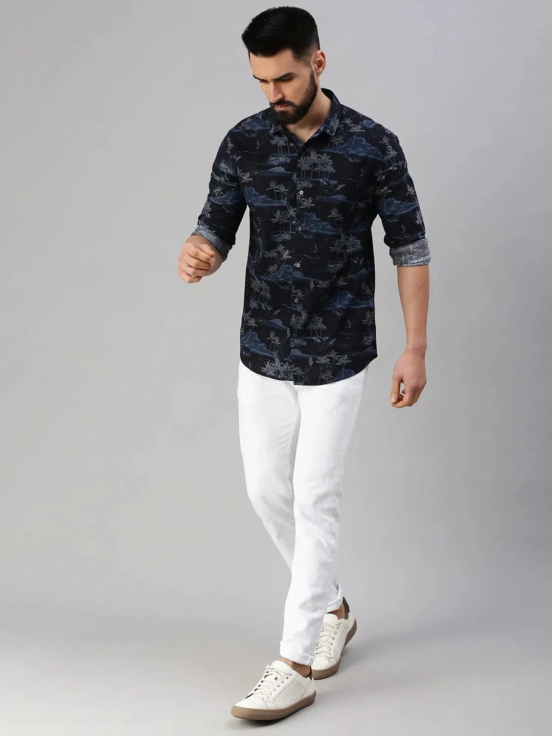 Men's Navy Blue Golden Print Shirt | Cotton Casual Wear