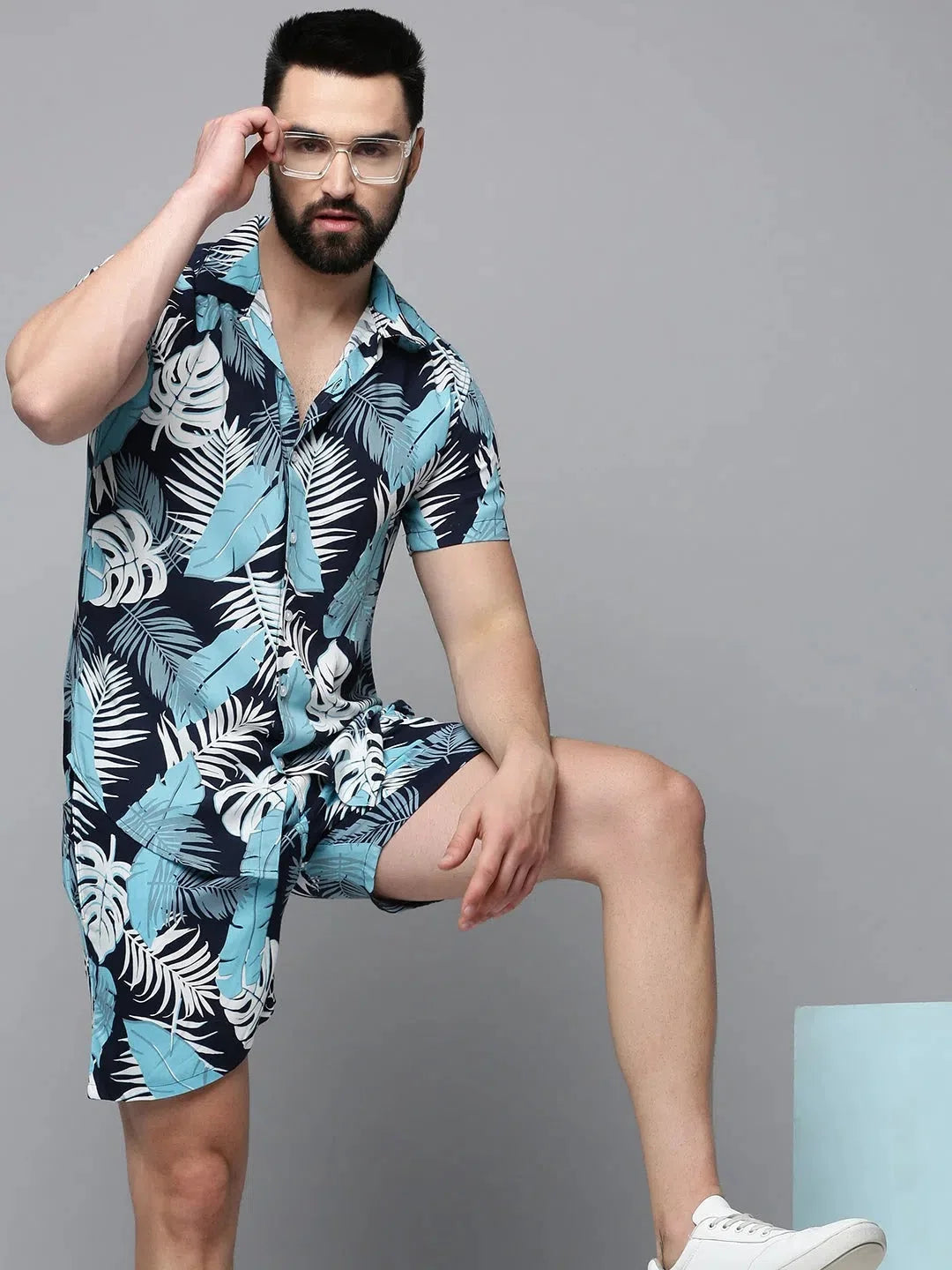 Navy Printed Cotton Casual Co Ord Sets Men | Showoff