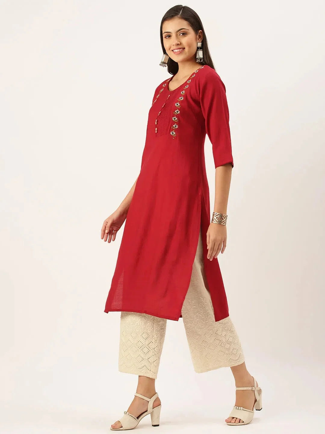 Red Embroidered Indian Kurta for Ladies - Cotton Kurta